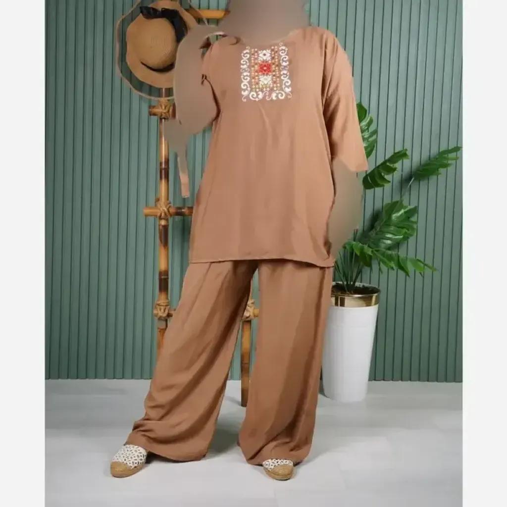 خرید اینترنتی قیمت ست شومیز و شلوار نخی تابستانه یقه چاپی فری سایز