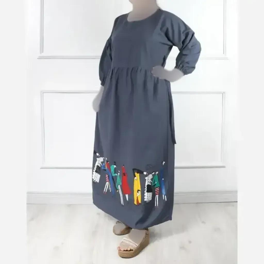 خرید اینترنتی قیمت پیراهن لینن طرح سرخپوستی فری سایز قد 135