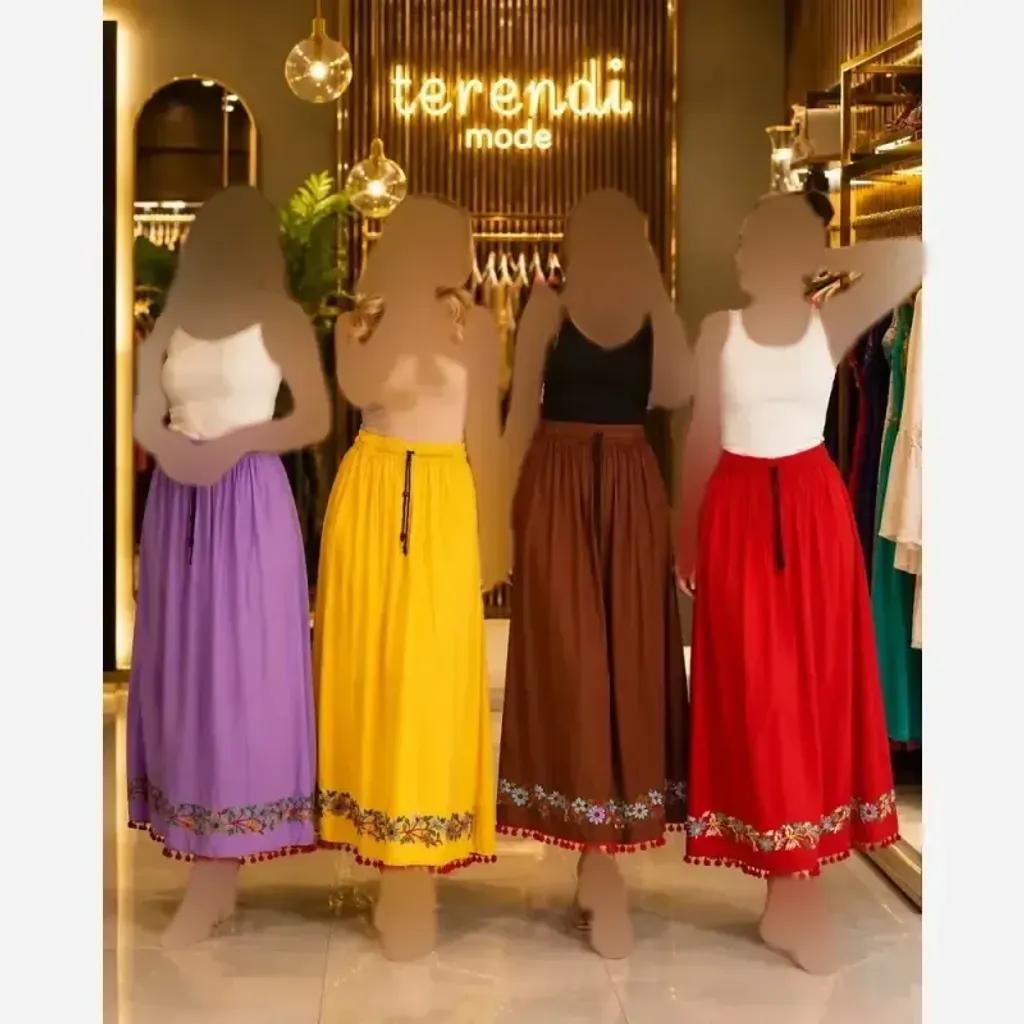 خرید اینترنتی قیمت دامن نخی گلدوزی شده ساحلی فری سایز قد 100