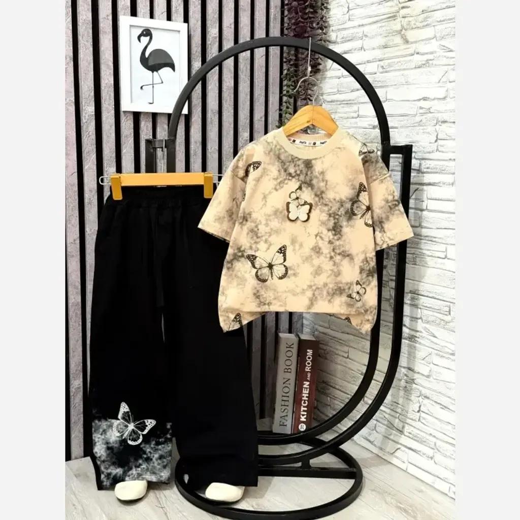 خرید اینترنتی قیمت تیشرت و شلوار دخترانه مدل پروانه جنس نخ پنبه لاکرا سایز 50 تا 65