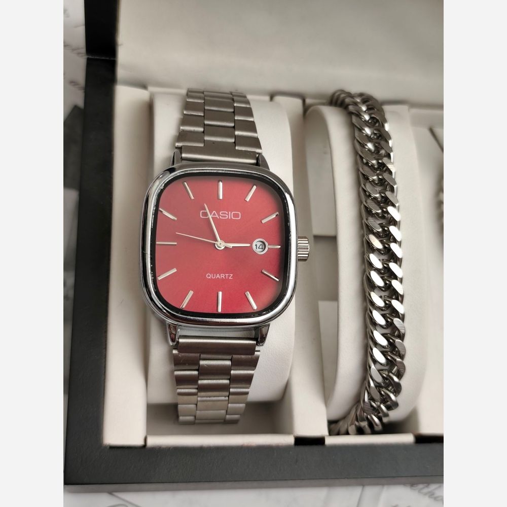 فروش اینترنتی ست ساعت مردونه کاسیو casio اولدمانی با دستبند و گردنبند کارتیر و حلقه استیل
