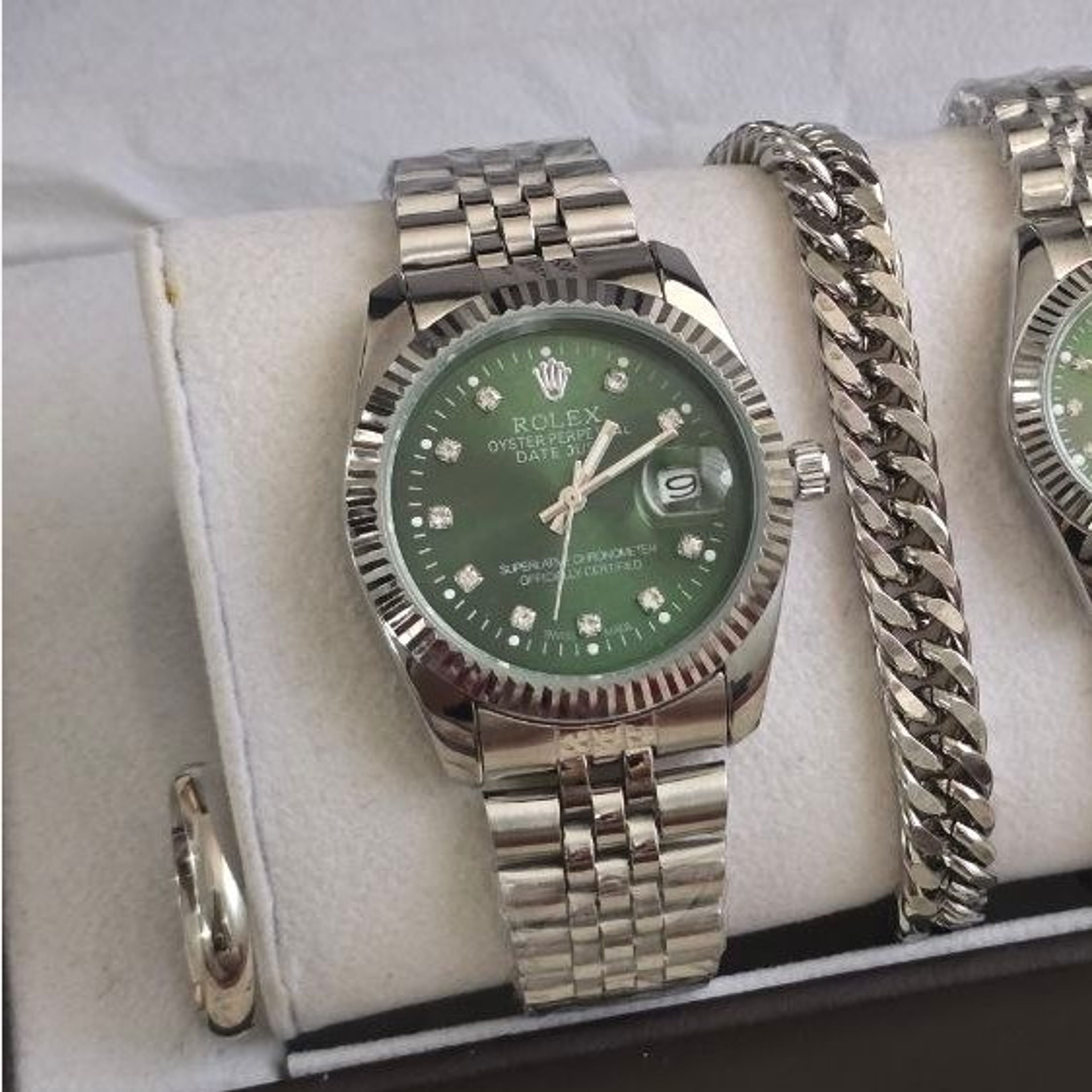 خرید انلاین ساعت زنانه و مردانه رولکس Rolex ست با دستبند و انگشتر صفحه سبز با ارسال رایگان