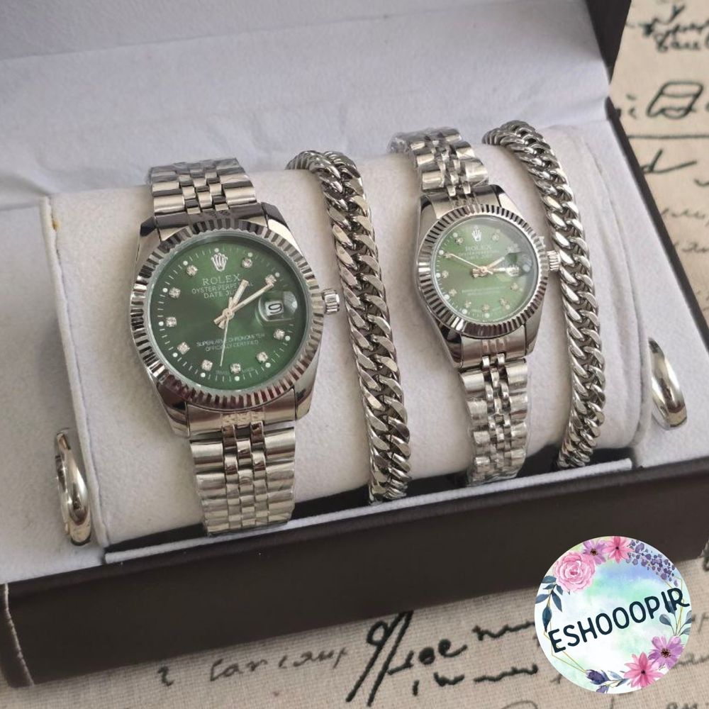 قیمت ساعت زنانه و مردانه رولکس Rolex ست با دستبند و انگشتر صفحه سبز با ارسال رایگان