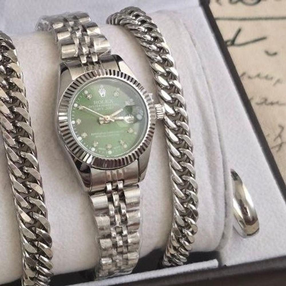 خرید انلاین ساعت زنانه و مردانه رولکس Rolex ست با دستبند و انگشتر صفحه سبز با ارسال رایگان