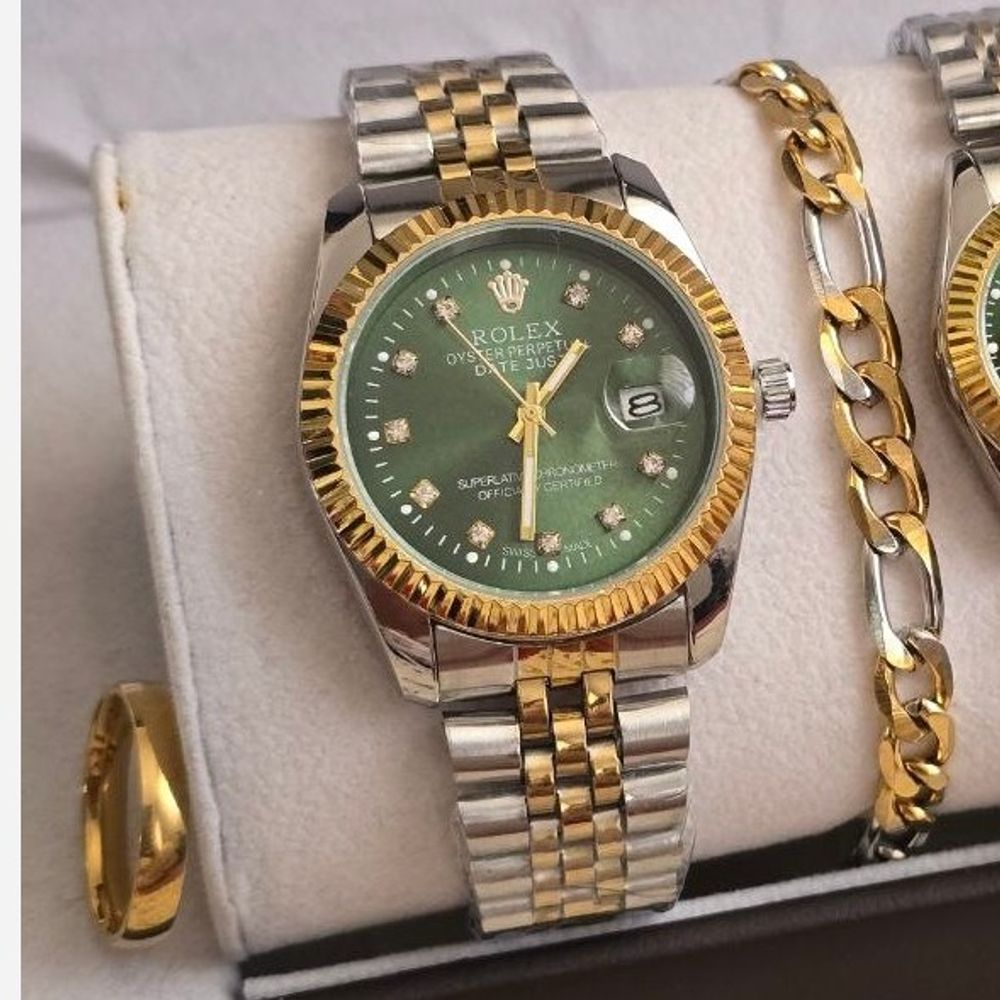 قیمت ارزان ساعت زنانه و مردانه رولکس Rolex ست با دستبند و انگشتر صفحه سبز با ارسال رایگان