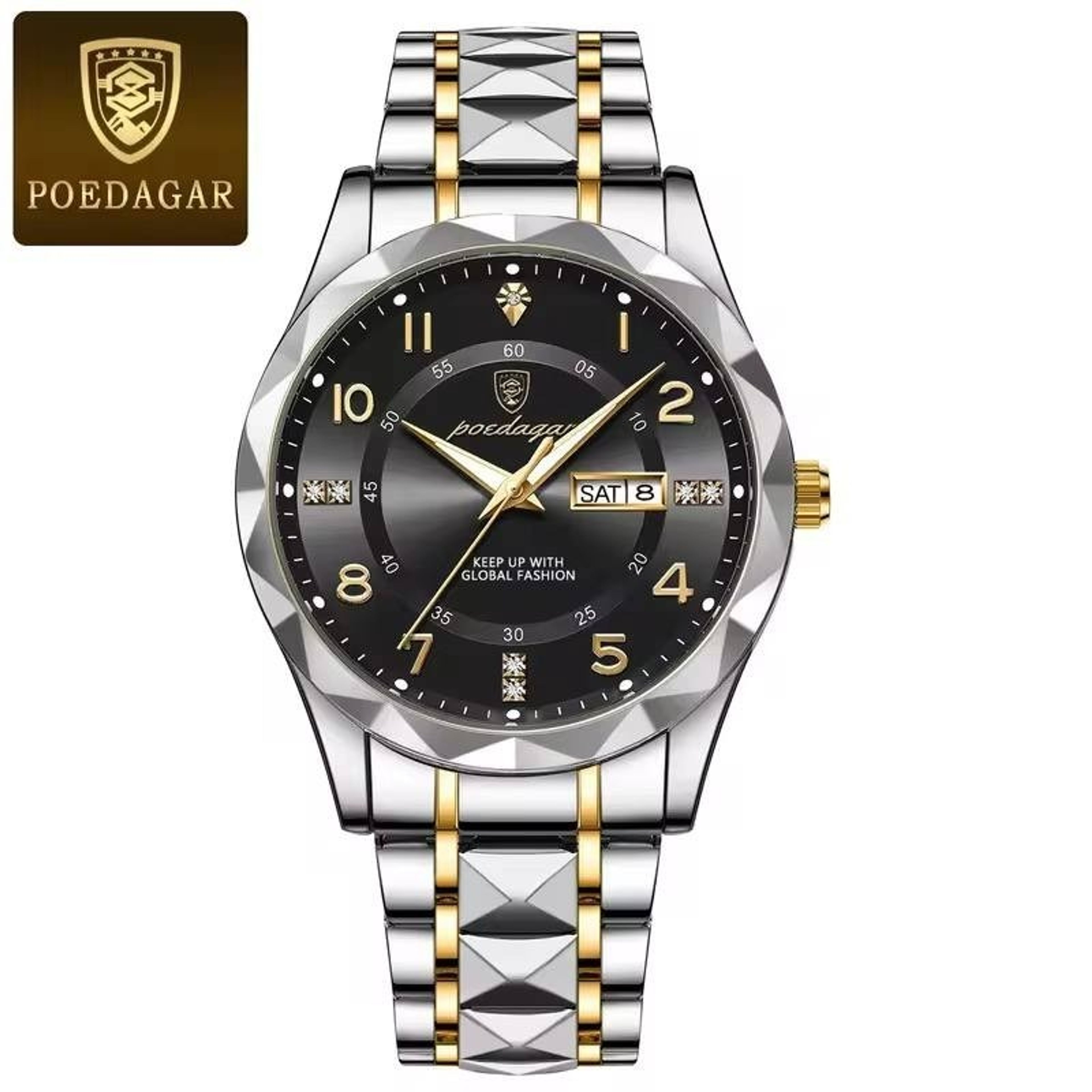 قیمت ارزان ساعت مردانه پوداگار اصل poedagar مدل 858 بند الماسی صفحه مشکی
