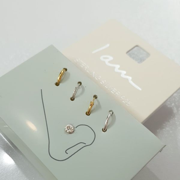 پک پنج عددی پیرسینگ بینی حلقه ای و میخی نگین دار جنس نقره عیار 925، کد 051