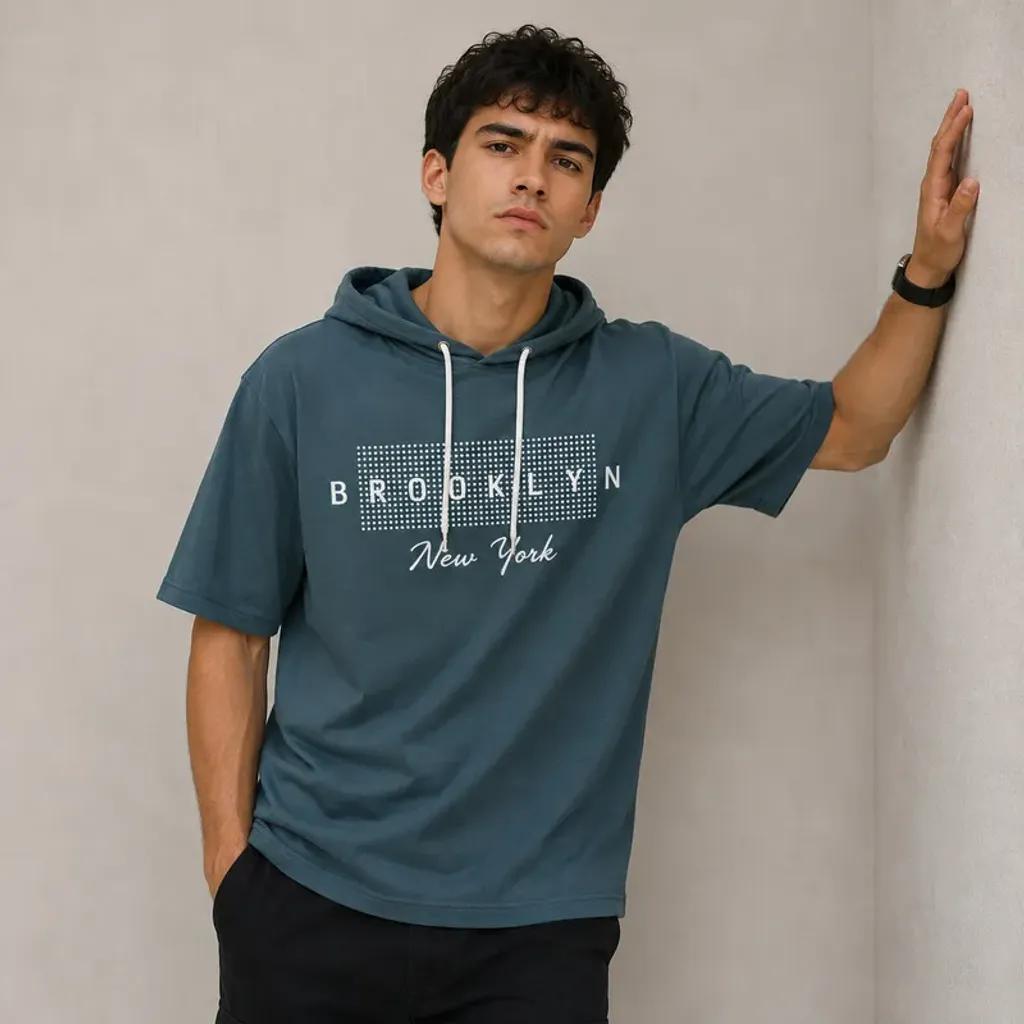 خرید اینترنتی قیمت تی شرت مردانه کلاهدار پنبه ای طرح حروف مدل brokline