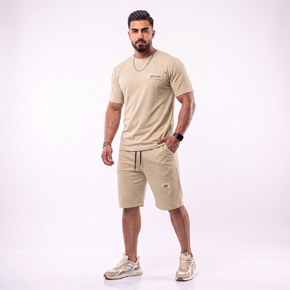 خرید اینترنتی قیمت ست تیشرت و شلوارک مردانه بیسکویتی کرم کد 11915