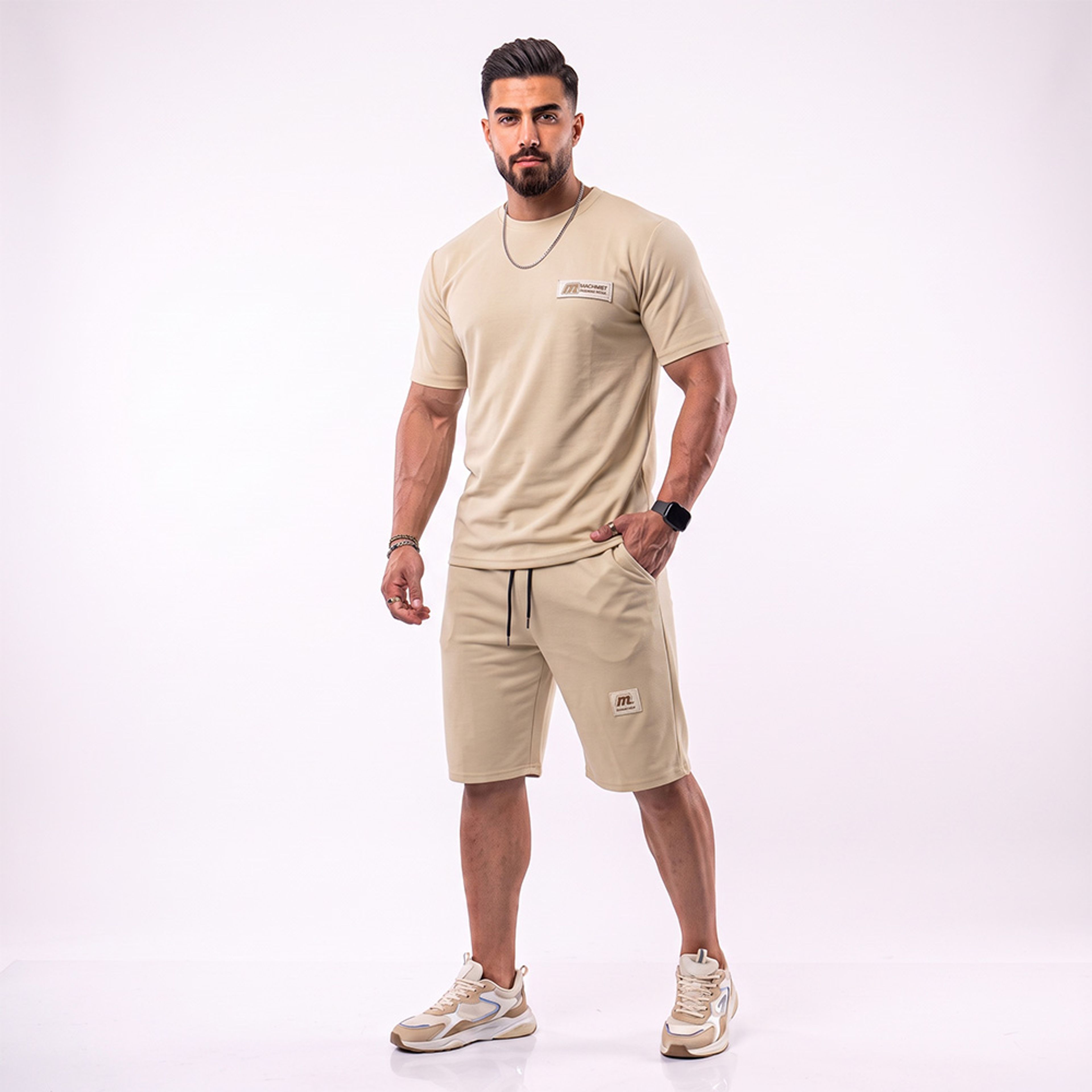 خرید اینترنتی قیمت ست تیشرت و شلوارک مردانه بیسکویتی کرم کد 11915