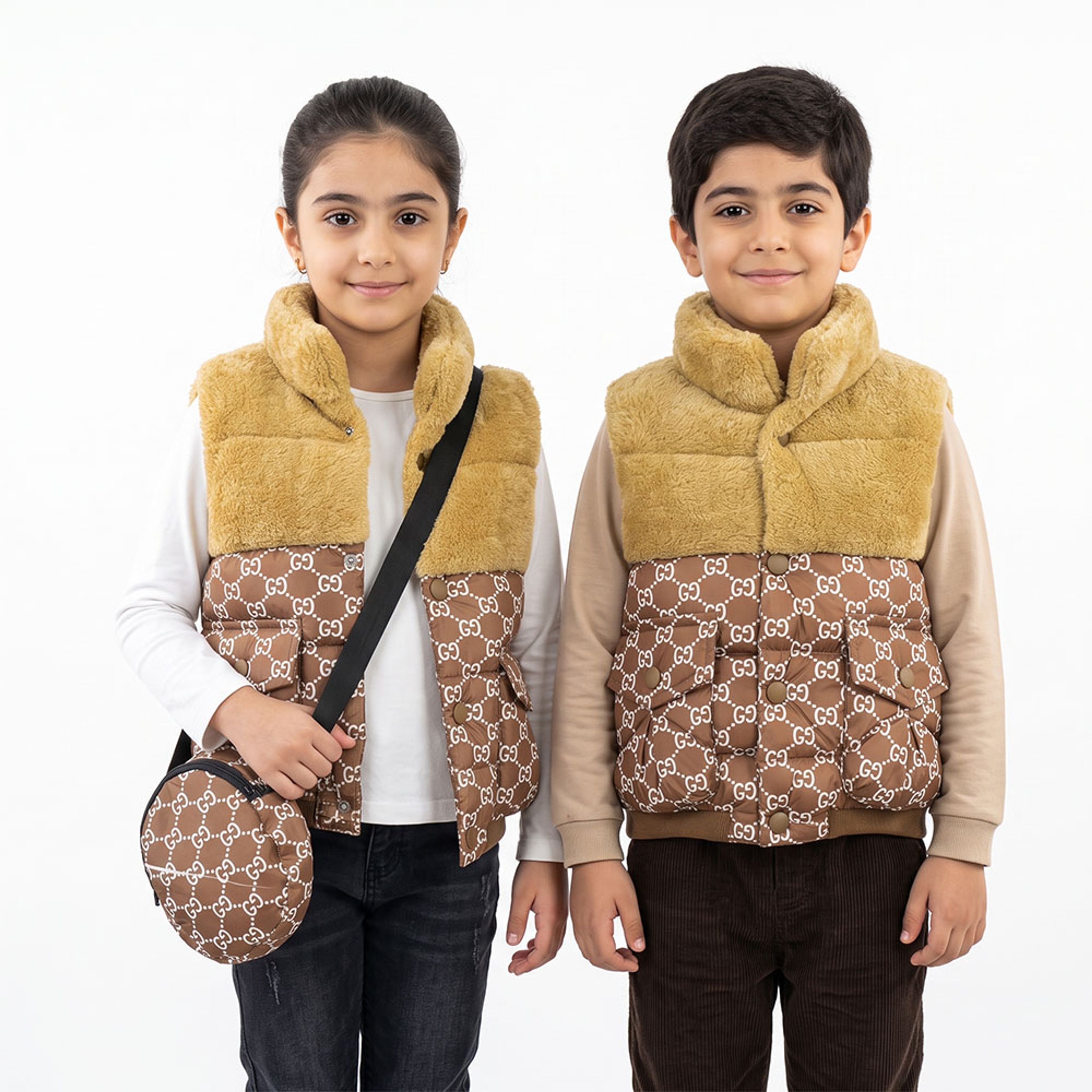 خرید اینترنتی قیمت پافر بچه گانه GG بالا خز قهوه ای کد 11909