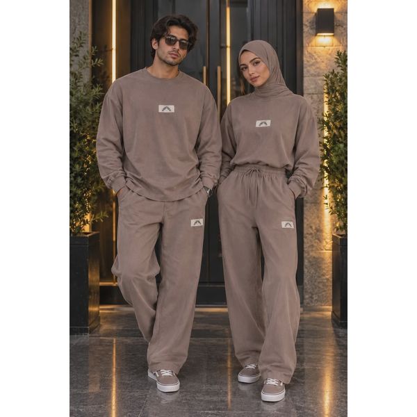 ست دورس و شلوار بگ دو نخ پنبه Oversize رنگ شکلاتی