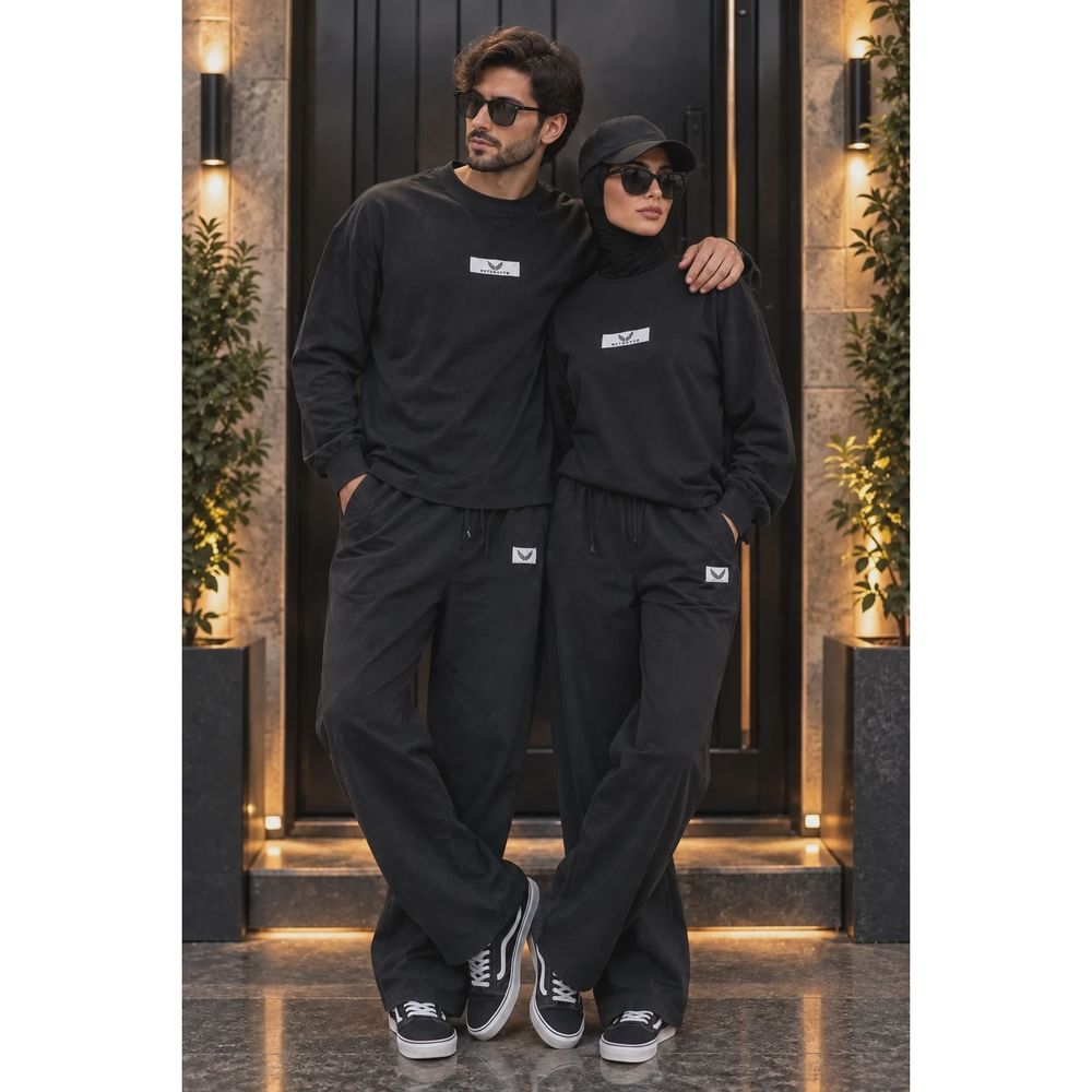 خرید اینترنتی قیمت ست دورس و شلوار بگ دو نخ پنبه کاپلی Oversize رنگ مشکی
