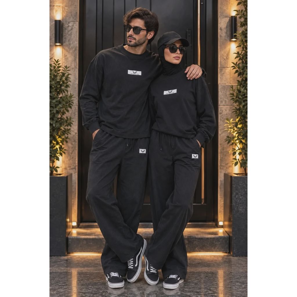 خرید اینترنتی ست دورس و شلوار بگ دو نخ پنبه کاپلی Oversize رنگ مشکی
