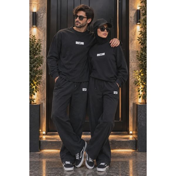ست دورس و شلوار بگ دو نخ پنبه کاپلی Oversize رنگ مشکی