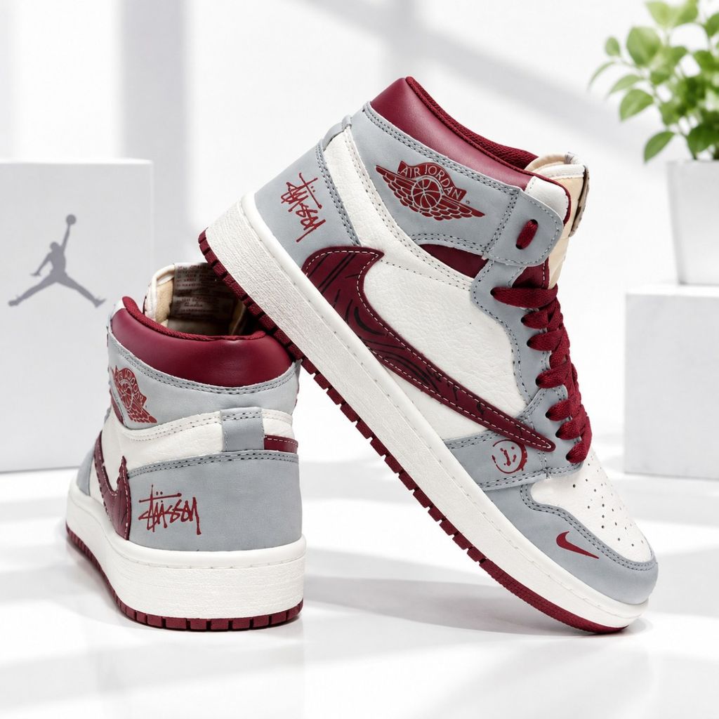 خرید آنلاین کتانی ساقدار جردن تراویس استاسی طوسی زرشکی Nike Jordan Travis Stussy