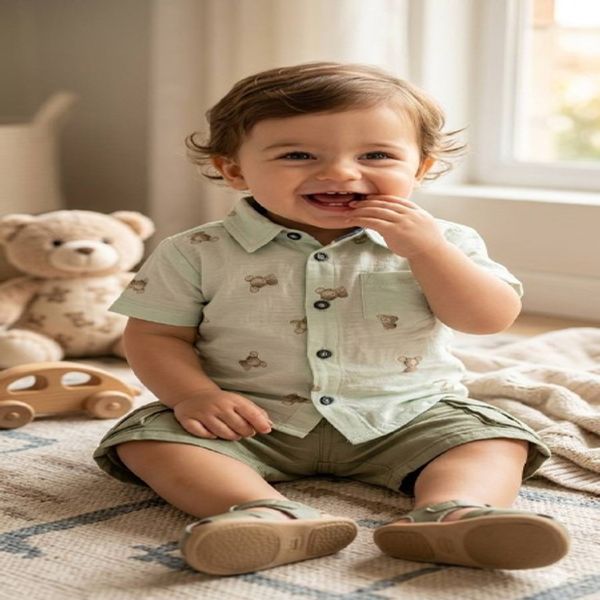 پیراهن شلوارک نوزادی اسپرت طرح خرسی 11482