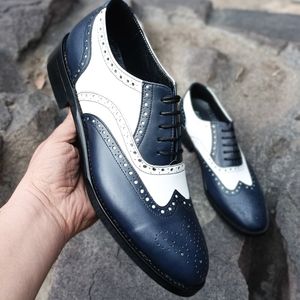 فروش اینترنتی کفش مردانه مجلسی چرم طبیعی دستدوز مدل نیلسون سرمه ای سفید