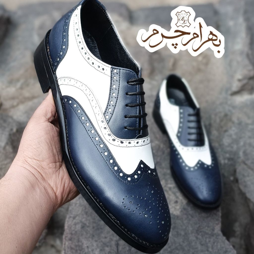 مشخصات کفش مردانه مجلسی چرم طبیعی دستدوز مدل نیلسون سرمه ای سفید