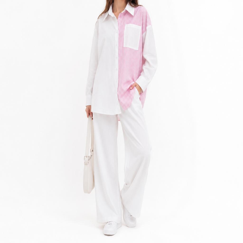 خرید اینترنتی قیمت شومیز زنانه نخ کتان راه راه  وارداتی