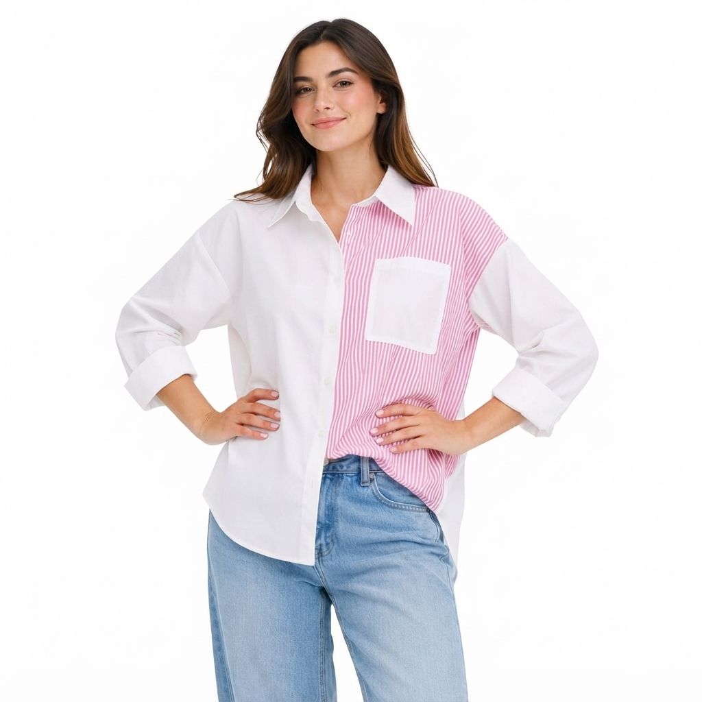 خرید اینترنتی قیمت شومیز زنانه نخ کتان راه راه  وارداتی