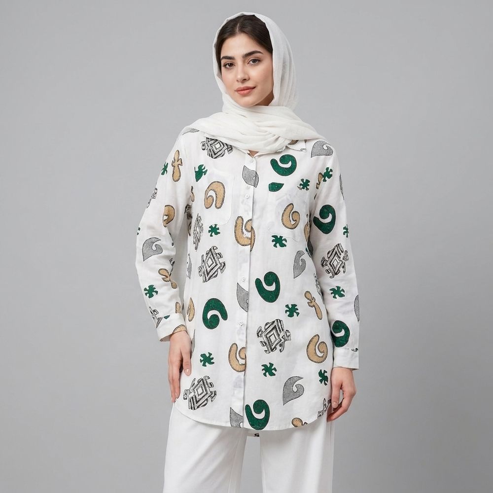 خرید اینترنتی قیمت مانتو زنانه لینن طرح دار پازل