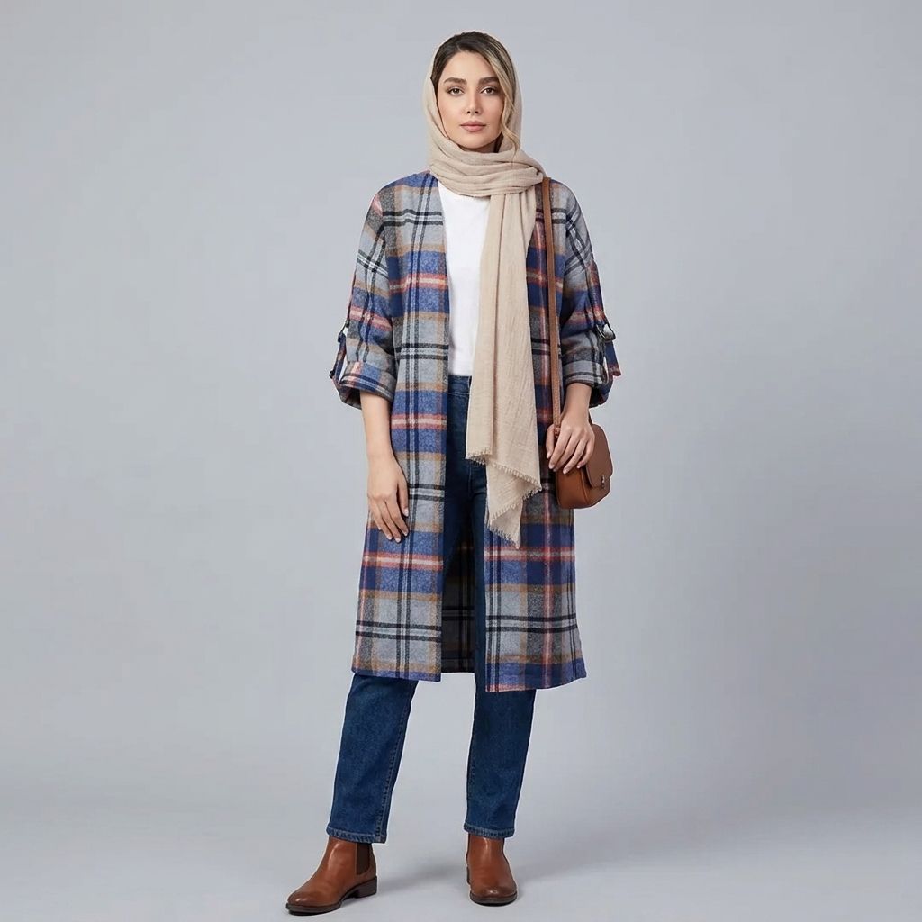 خرید اینترنتی قیمت مانتو اسپرت چهارخونه پشمی پاییزه