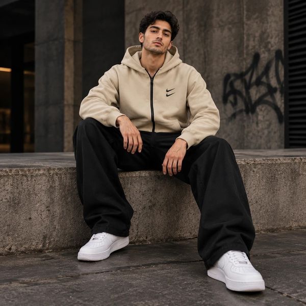 سوییشرت دورس کلاهدار مردانه نایکی مدل Double Nikeکرم