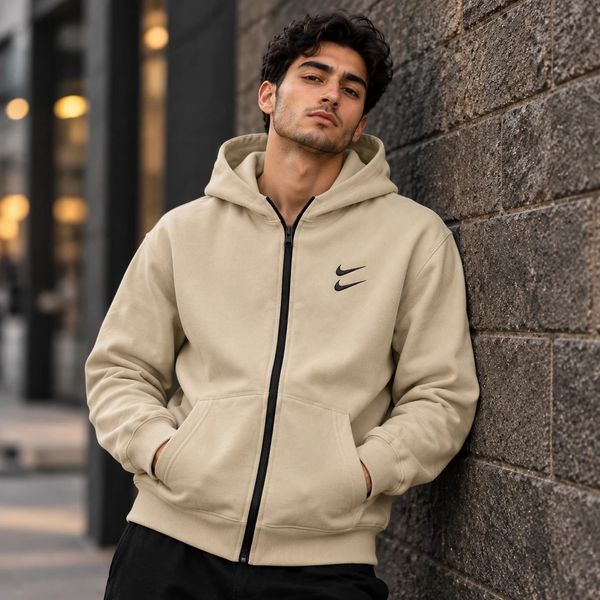 سوییشرت دورس کلاهدار مردانه نایکی مدل Double Nikeکرم