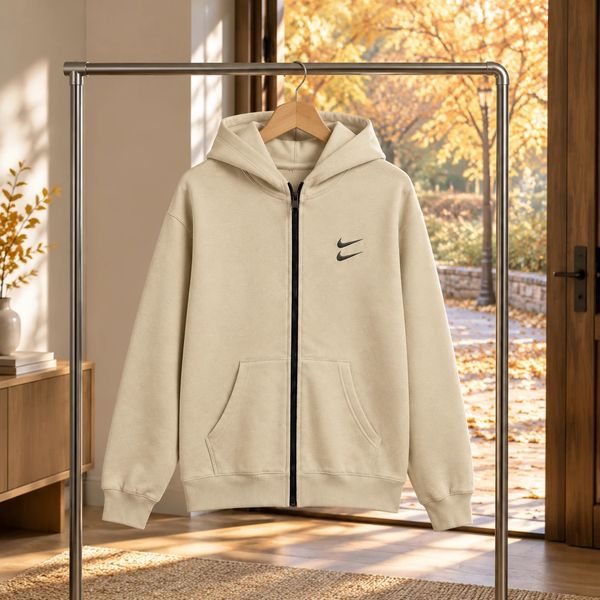 سوییشرت دورس کلاهدار مردانه نایکی مدل Double Nikeکرم