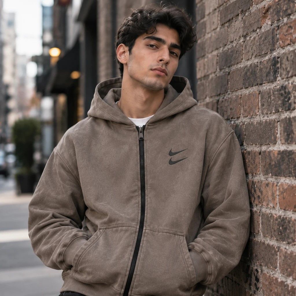 خرید اینترنتی سوئیشرت دورس کلاهدار مردانه نایکی مدل Double Nikeخاکی