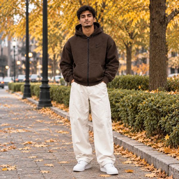 سوییشرت دورس کلاهدار مردانه نایکی مدل Double Nikeقهوه ای