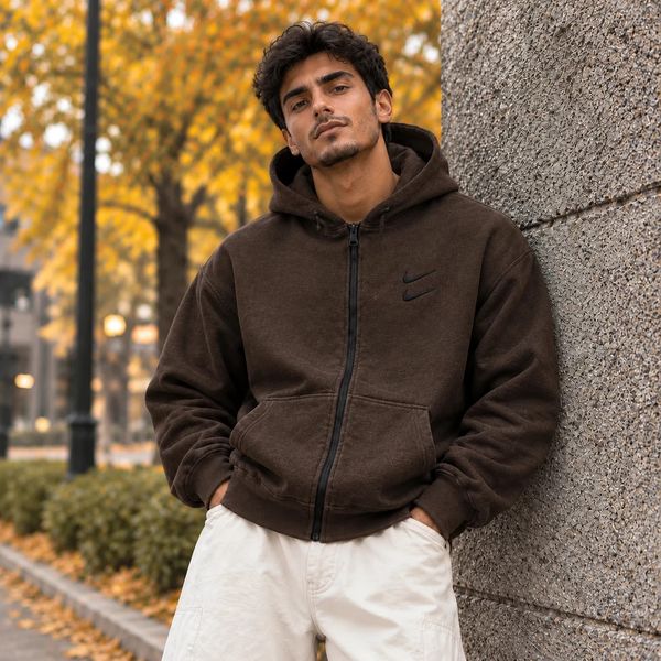 سوییشرت دورس کلاهدار مردانه نایکی مدل Double Nikeقهوه ای