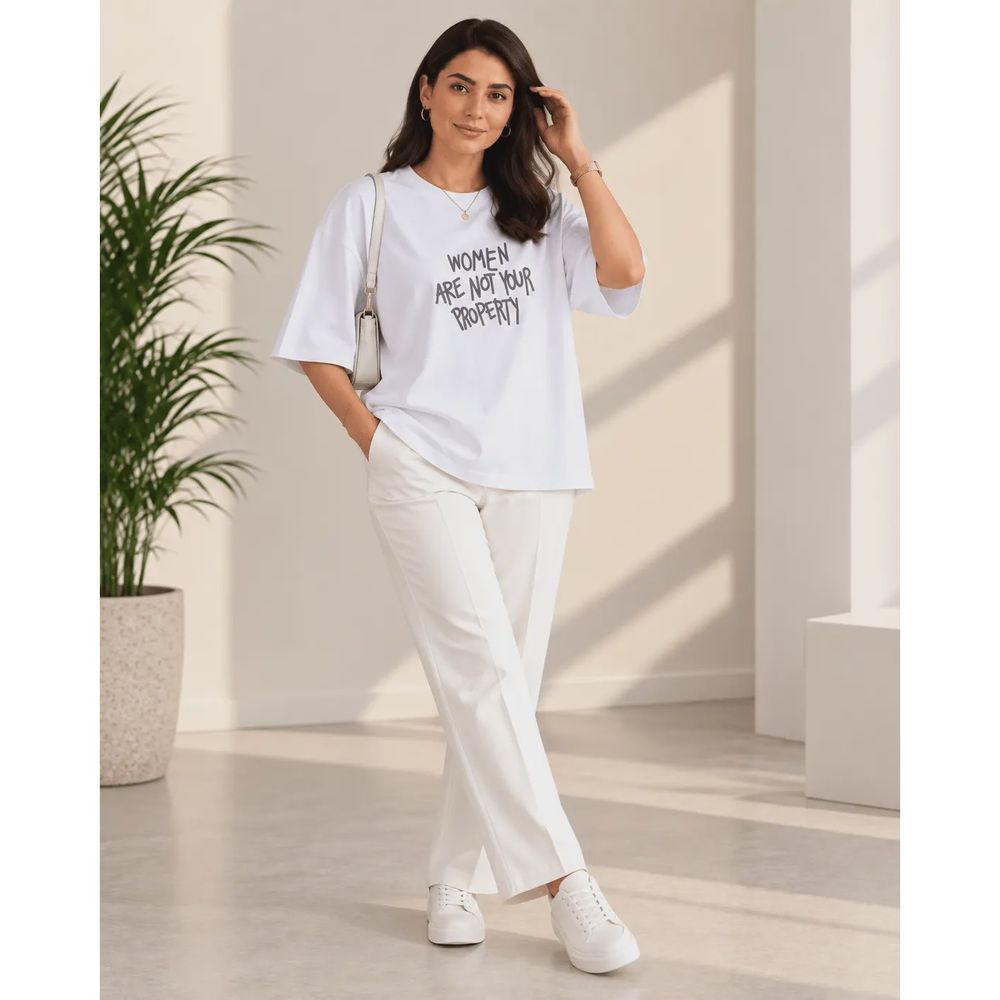 خرید اینترنتی قیمت تیشرت زنانه باکسی Women Are Not Your Property کد 33107