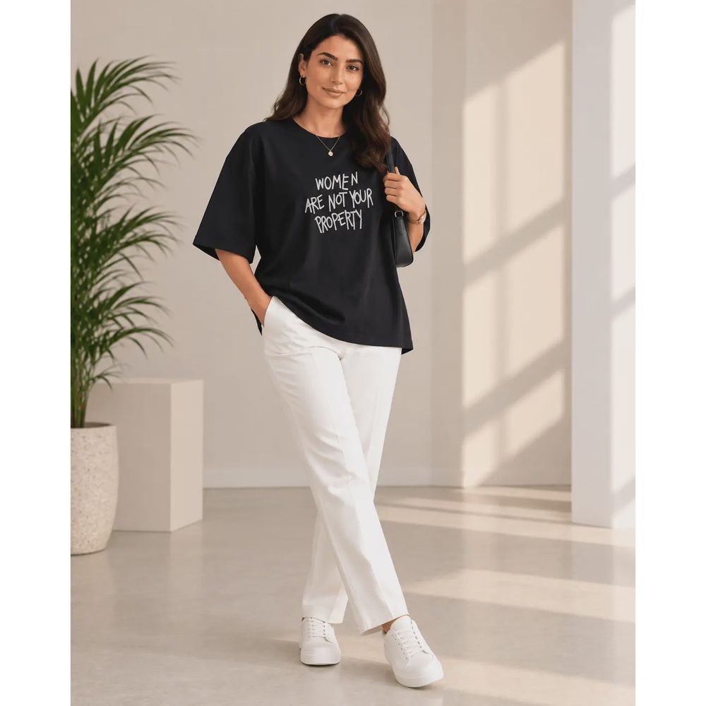 خرید اینترنتی قیمت تیشرت زنانه باکسی Women Are Not Your Property کد 33107