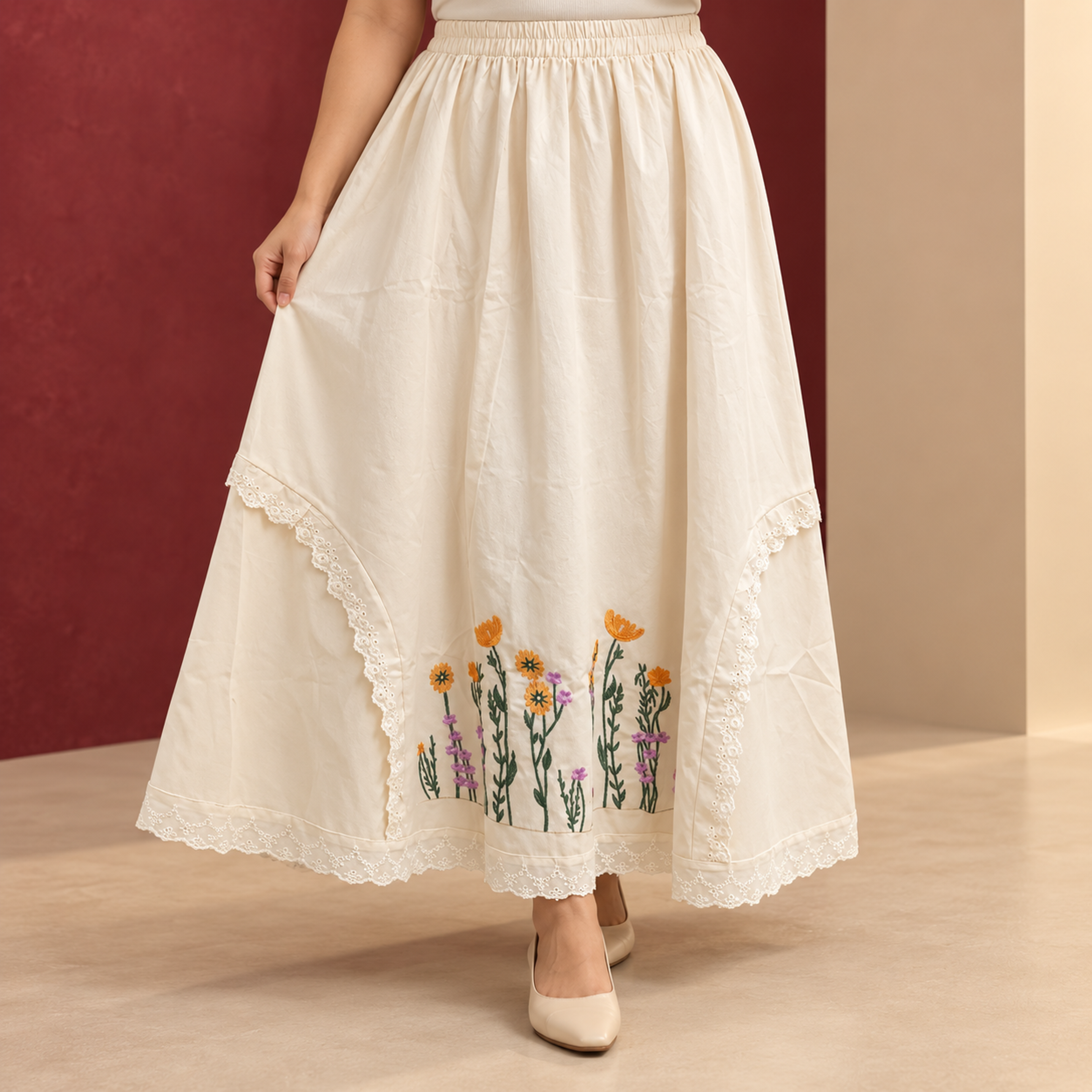 خرید اینترنتی قیمت دامن کتان گلدوزی وارداتی رویا | کد 6047