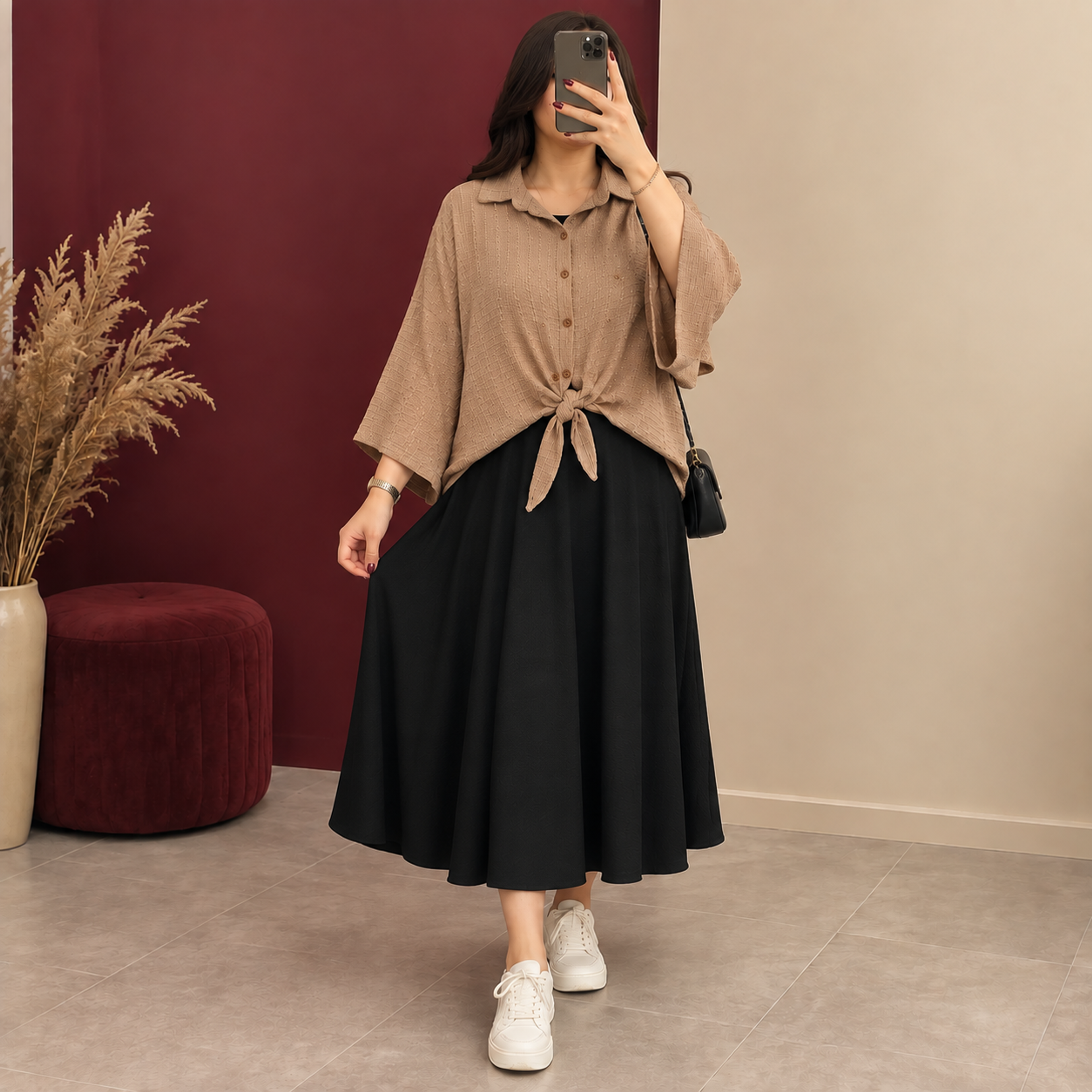 خرید اینترنتی قیمت ست شومیز گره ای و سارافون نیلا | کد 6057