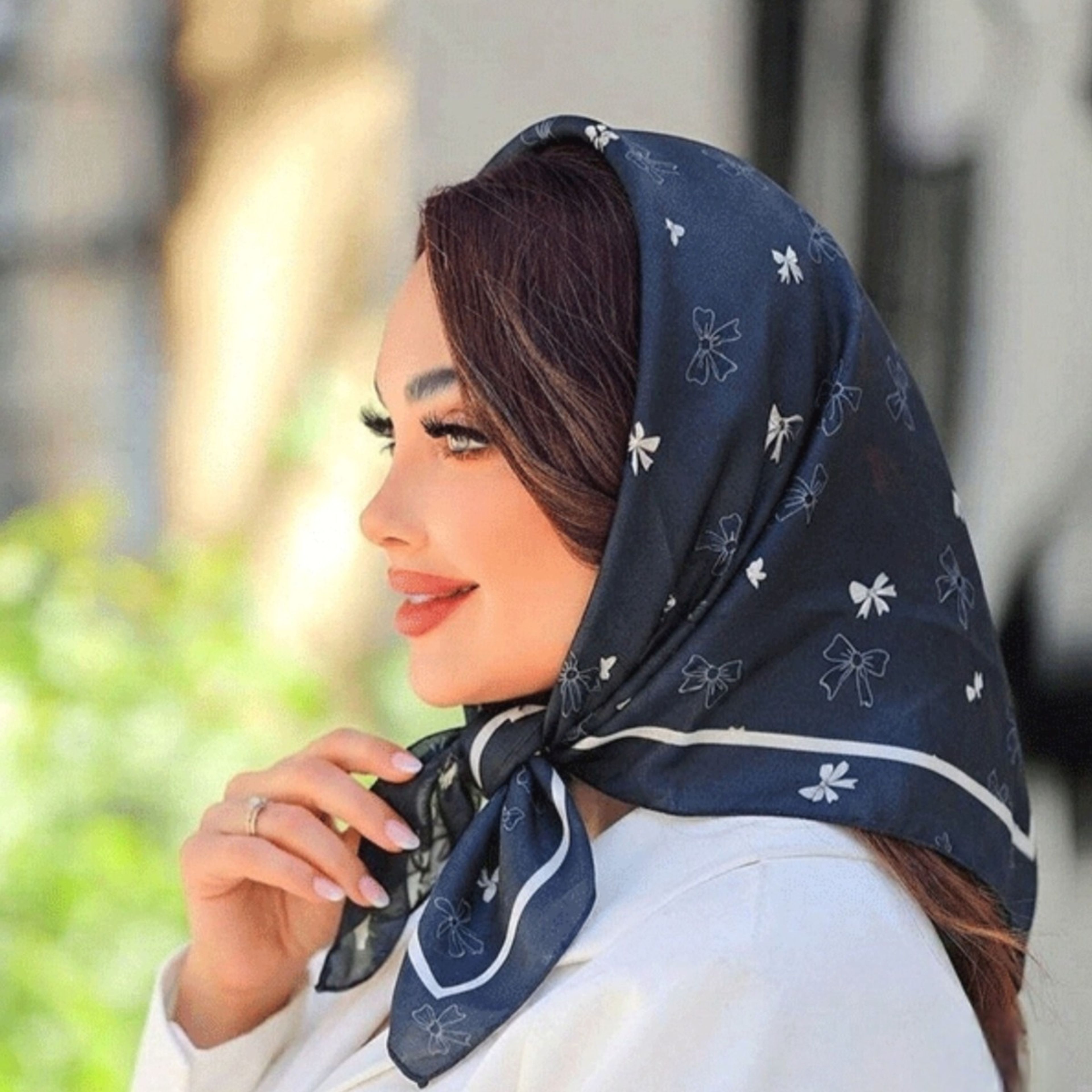 خرید آنلاین مینی اسکارف حریر قواره هفتاد پک سرمه ای