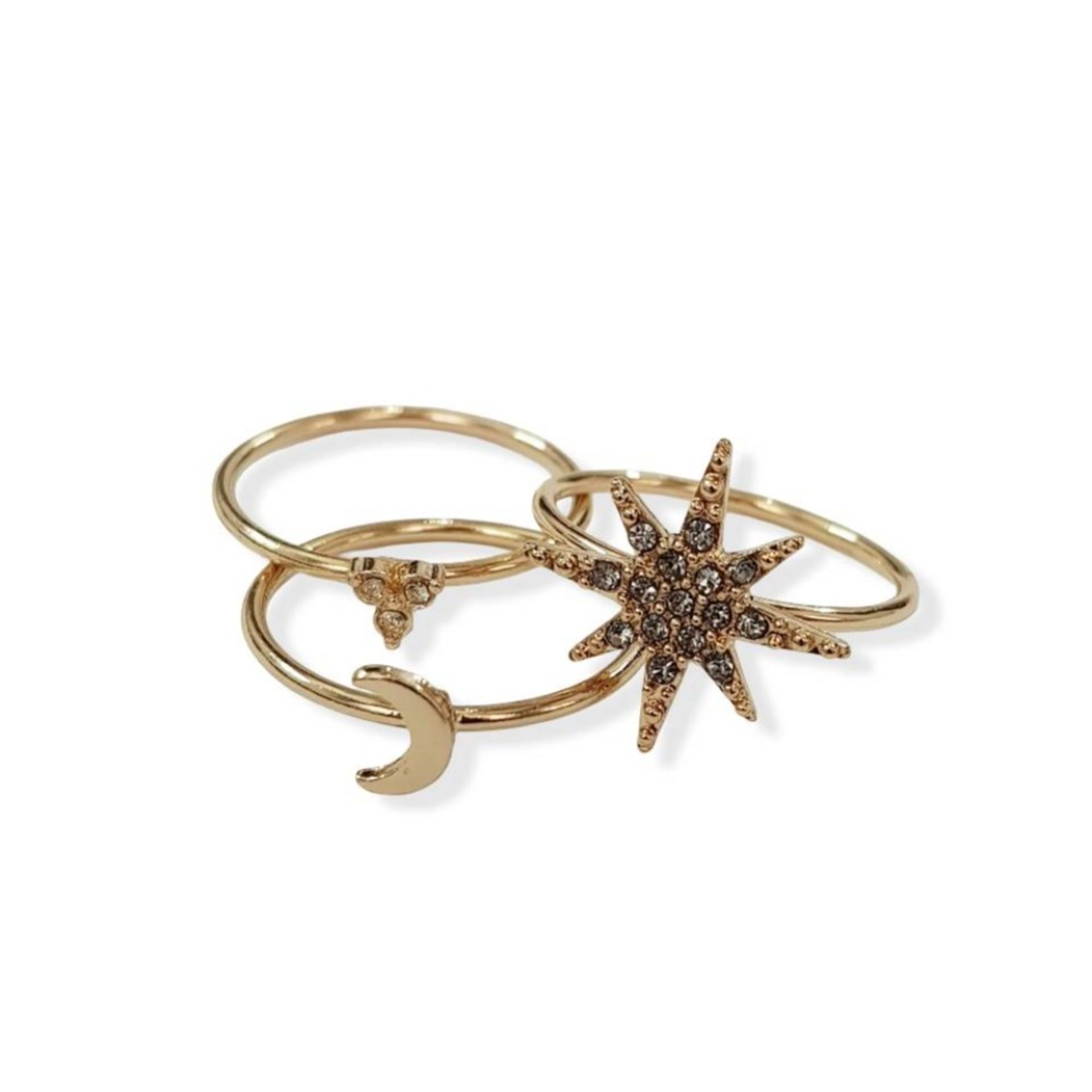 خرید اینترنتی پک سه عددی انگشتر طلایی نگین دار طرح ماه و ستاره