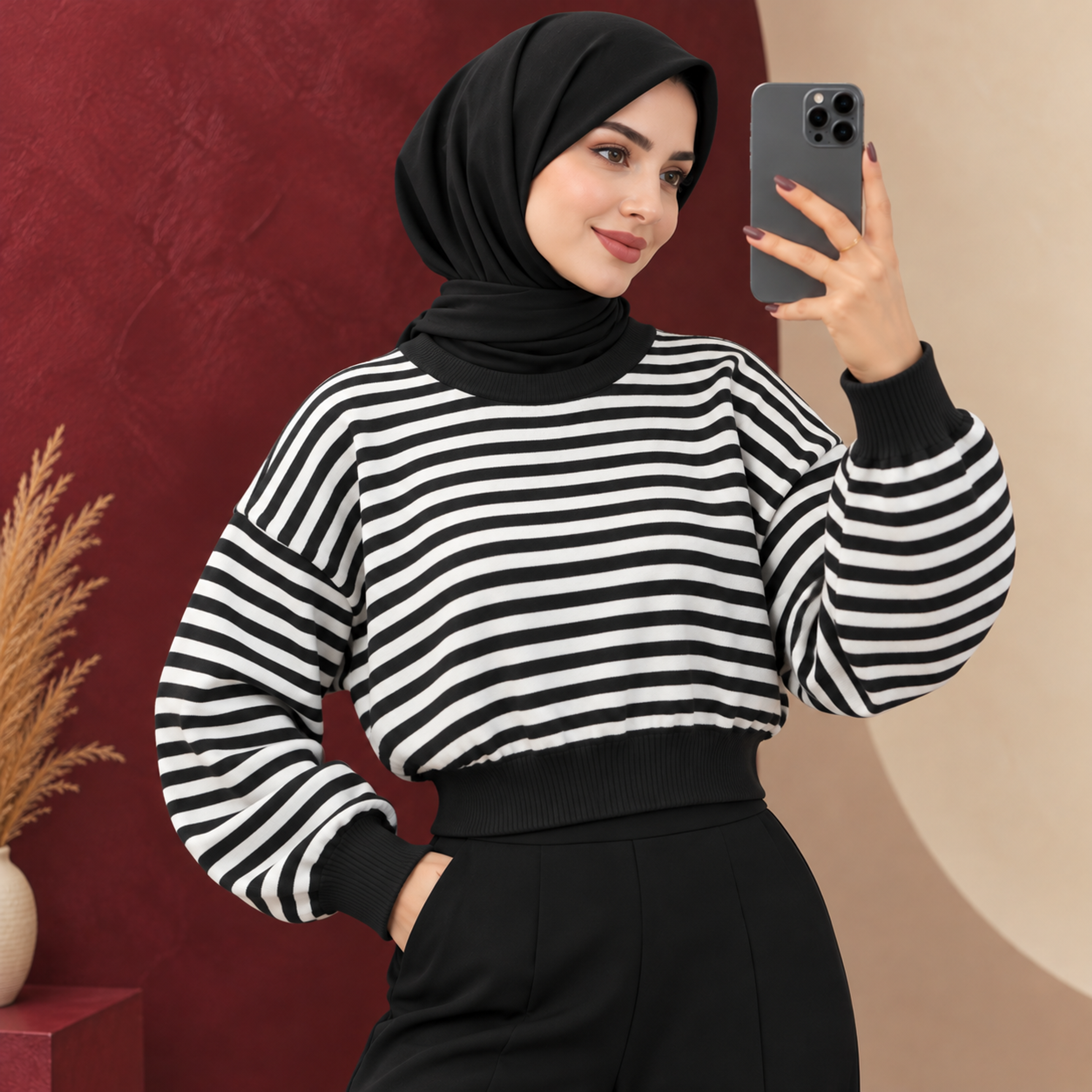 خرید اینترنتی قیمت بلوز بافت کراپی راه راه ایلای | کد 6066