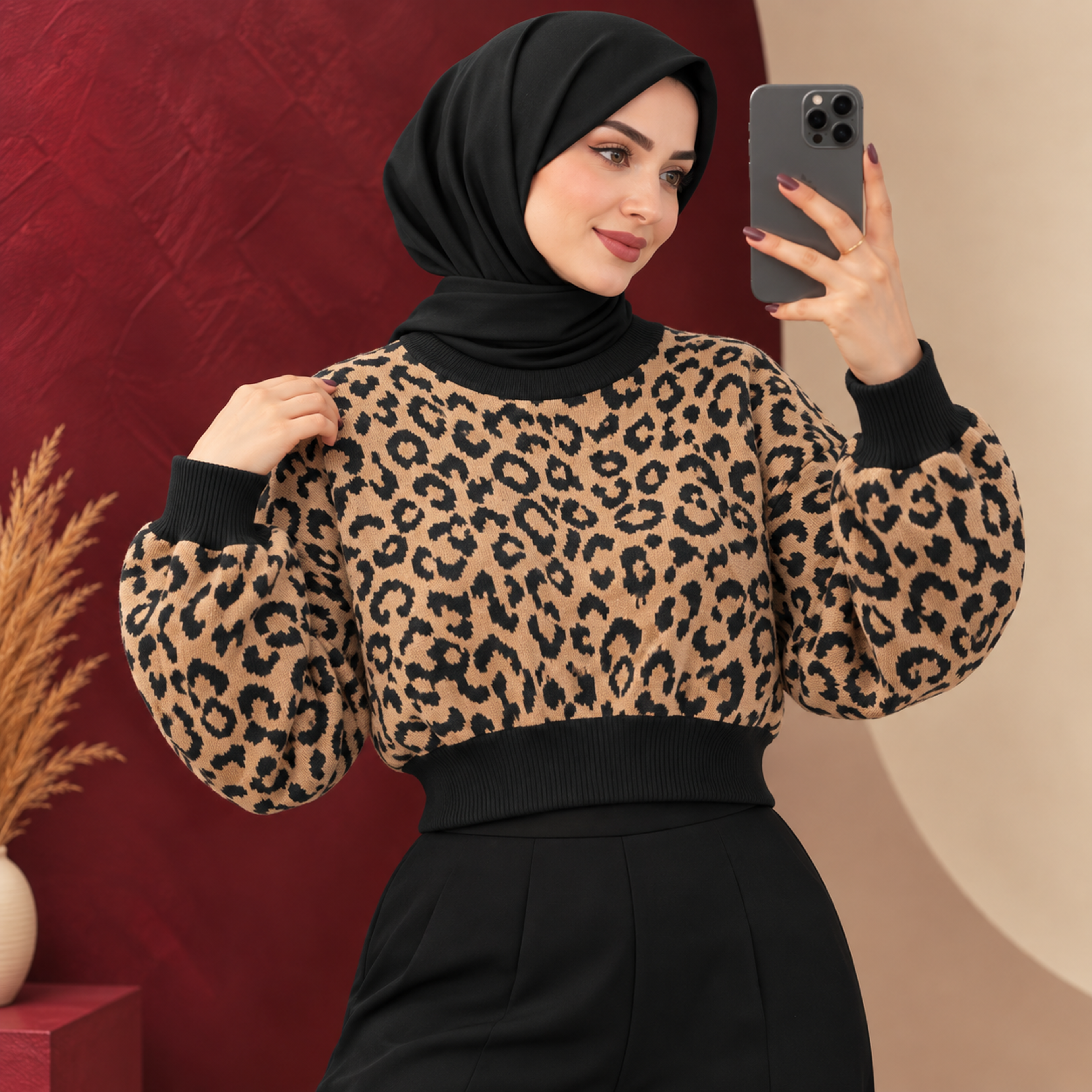 خرید اینترنتی قیمت بلوز بافت کراپی پلنگی شانا | کد 6067