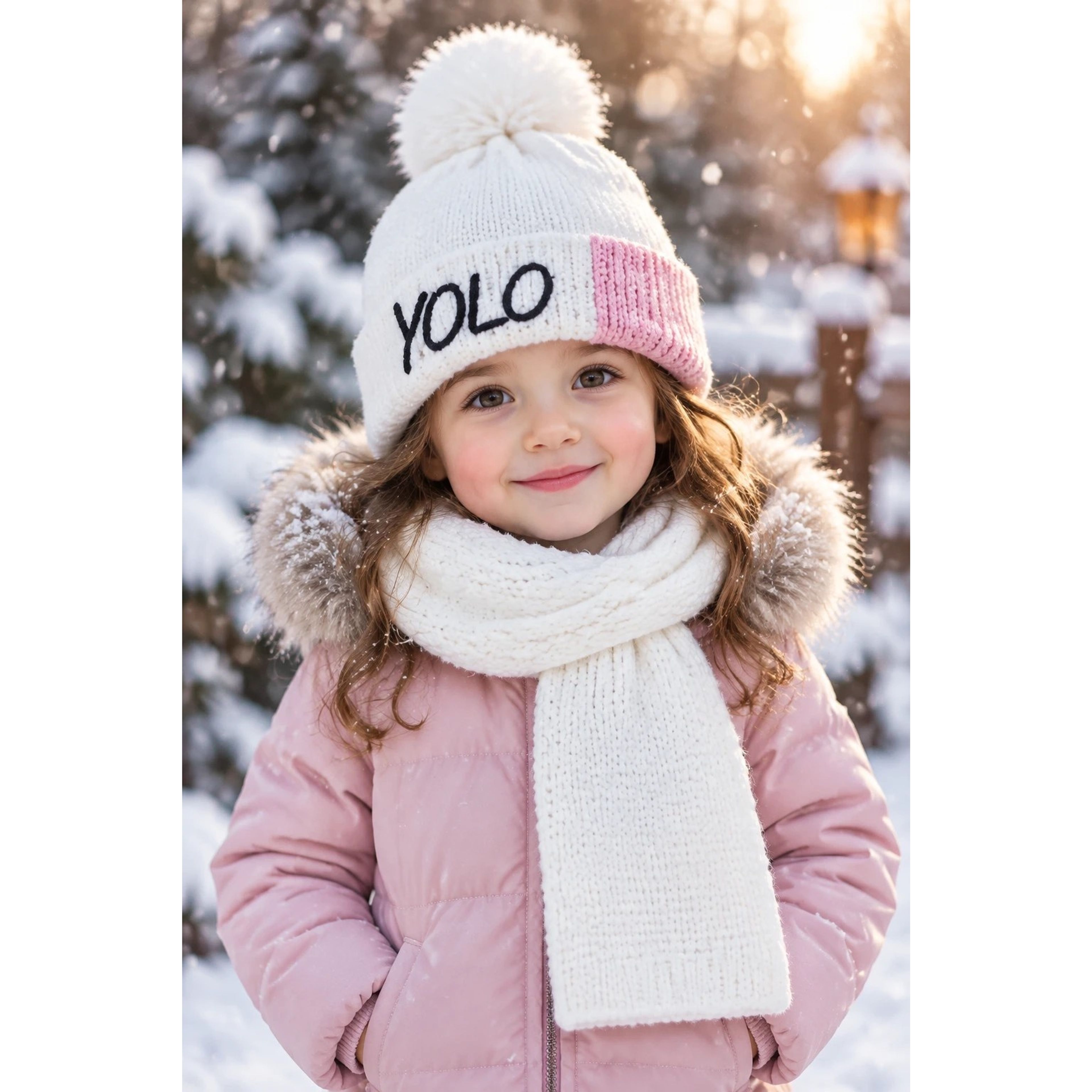 مشخصات ست کلاه و شال گردن بافت بچگانه مدل YOLO سفید با پچ صورتی داخل مخمل