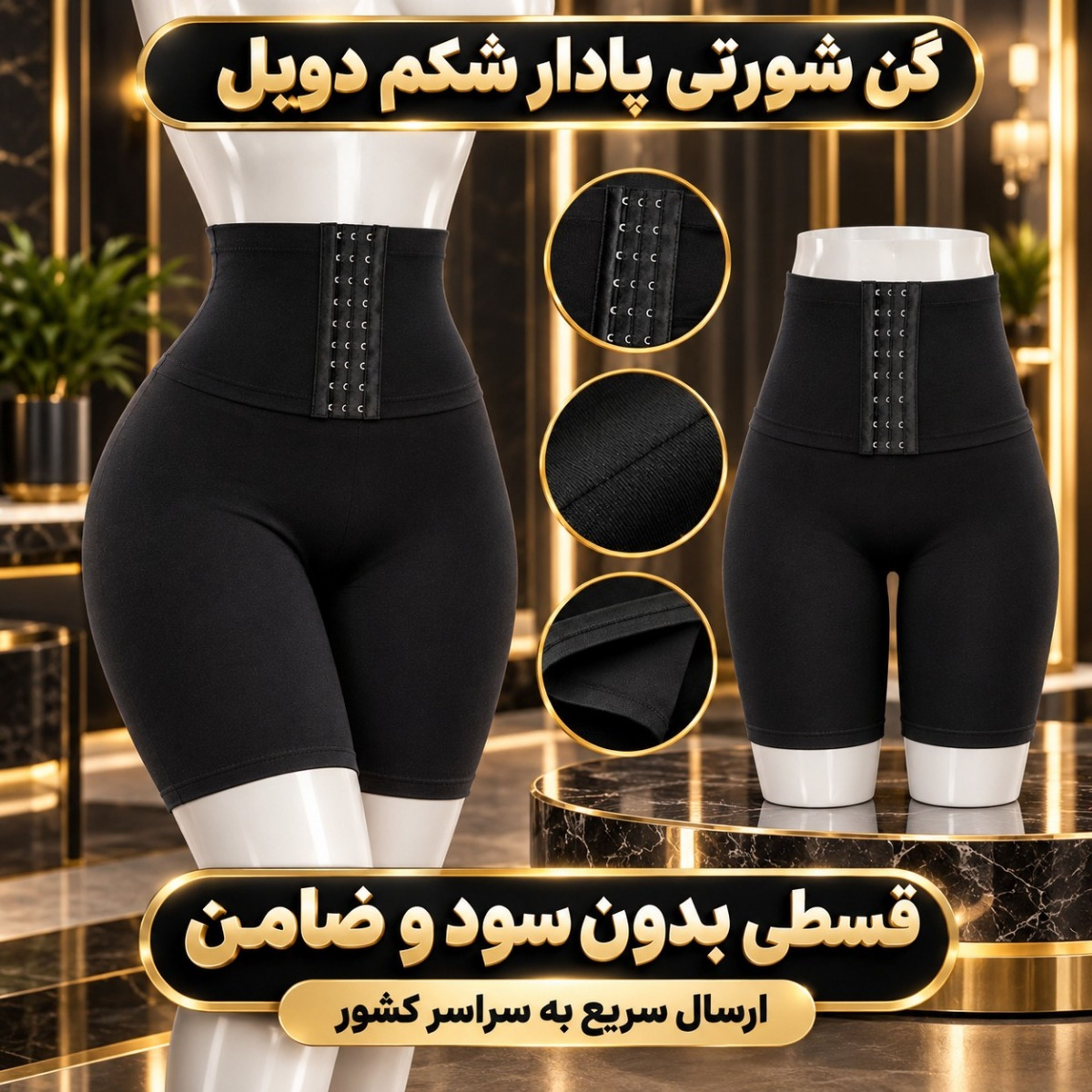 فروش اینترنتی گن شورتی پادار شکم دوبل مشکی سایز S تا 3XL مدل 3017