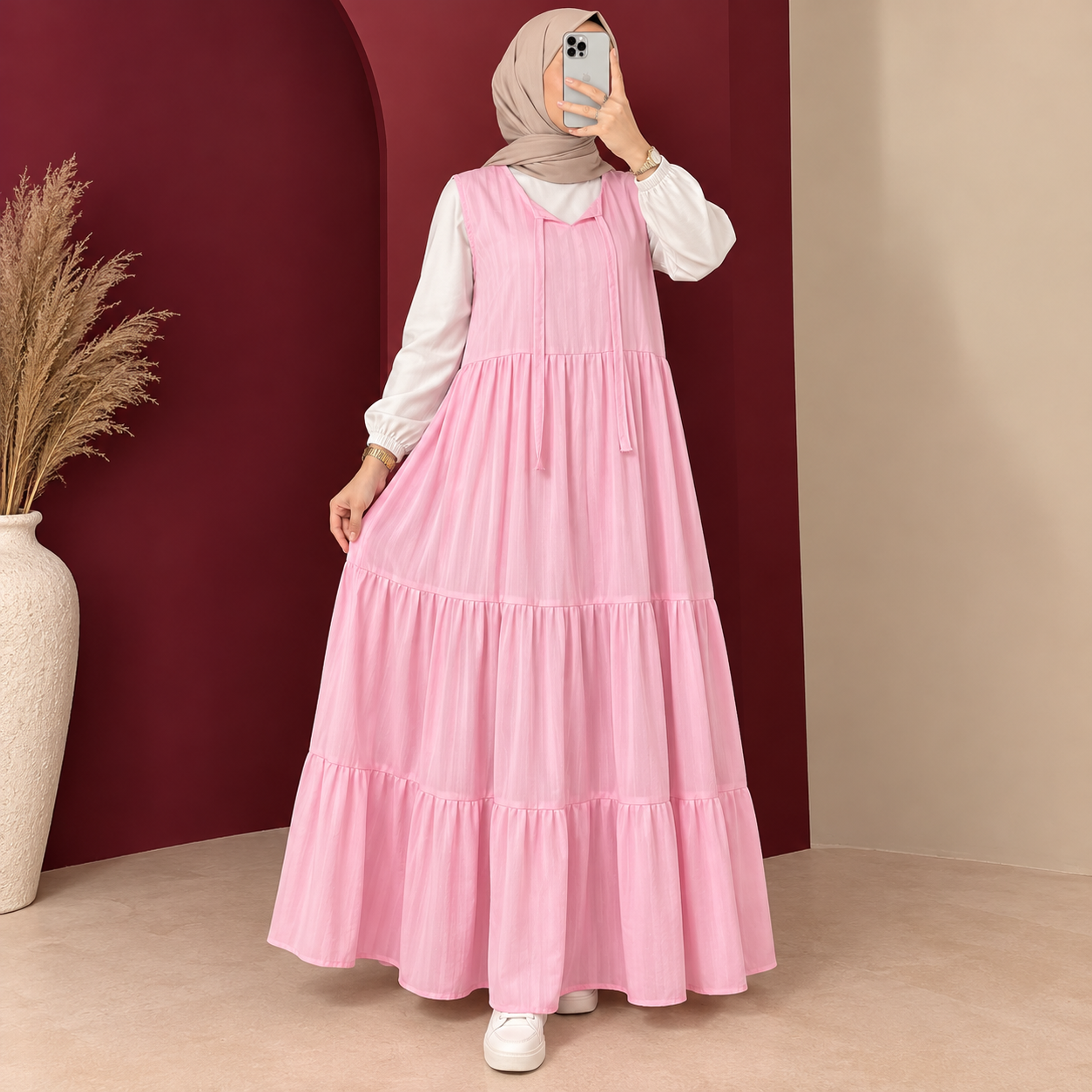 خرید اینترنتی قیمت سارافون بلند زنانه نخ لینن چین‌دار | کد 6070