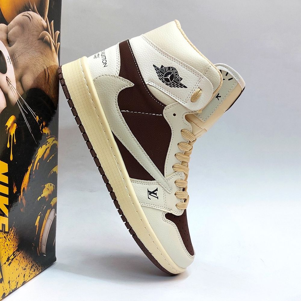 مشخصات کتانی نایک جردن تراویس ساقدار لویی ویتون کرم قهوه ای Nike Jordan Travis LV