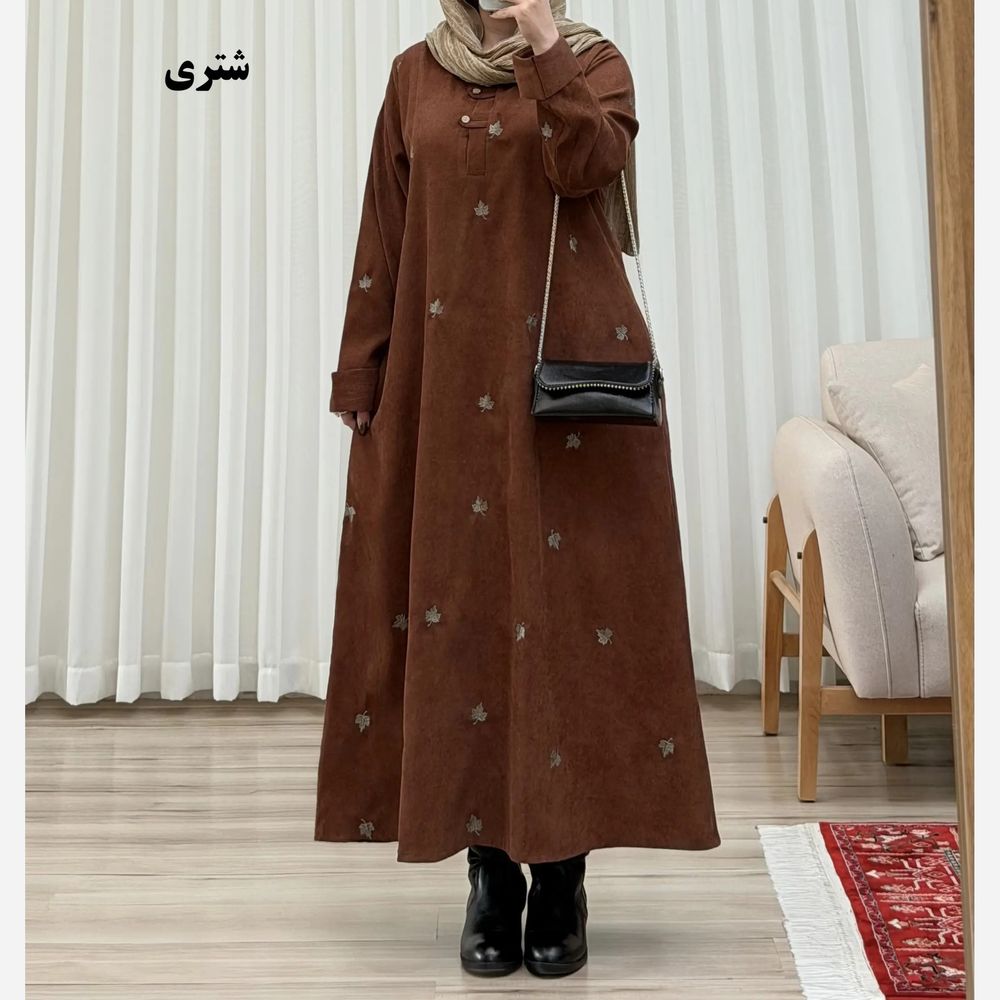 مشخصات مانتوکفتان مخمل کبریتی گلدوزی برگ