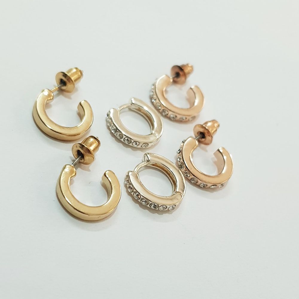 خرید اینترنتی پک سه جفتی گوشواره حلقه ای در سه رنگ طلایی نقره ای و رزگلد کد 051